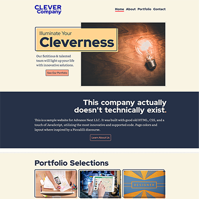 web designer's company website with light bulb hero image and blue and beige accent colors