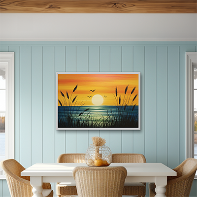 Web designer's digital image of a farmhouse kitchen table, wicker chairs, and painting of lakeside sunset