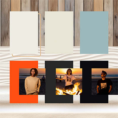 Web Designer's color pallette with three people on beach; colors red, light blue, tan