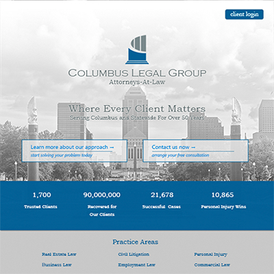 website developer's law firm homepage website with gray and blue accents